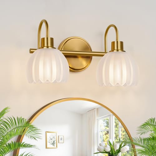 Image of 2-Light Bathroom Vanity Light, Brushed Gold Bathroom Light Fixtures with Ribbed Frosted Clear Tulip Glass Shades, Vanity Light Fixtures Over Mirror for Bedroom, Living Room, Hallway