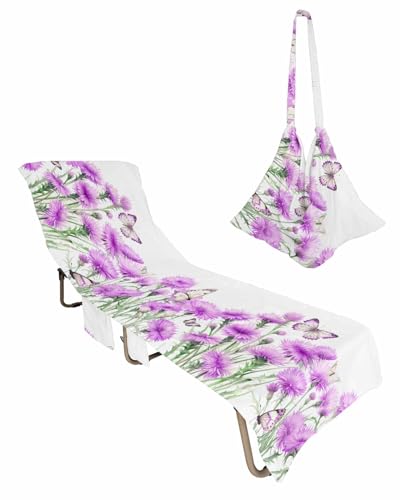 Purpel Spring Floral Beach Lounge Chair Towel Cover, Soft Chaise Lounge Towel with Side Pockets Patio Pool Chairs Cover for Beach/Pool Sunbathing 29x85 Watercolor Summer Botanical Elegant