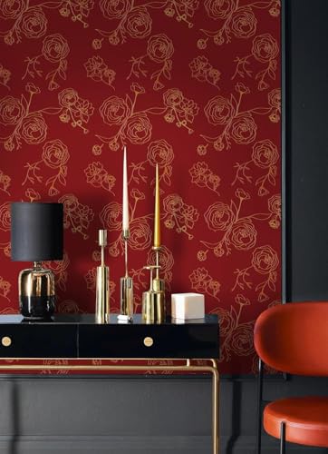 Image of Red and Gold Rose Wallpaper - Self Adhesive Peel and Stick Floral Wall Stickers, Waterproof PVC Vinyl Decorative Paper for Home, Bedroom, Living Room & Furniture (45cm x 300cm)