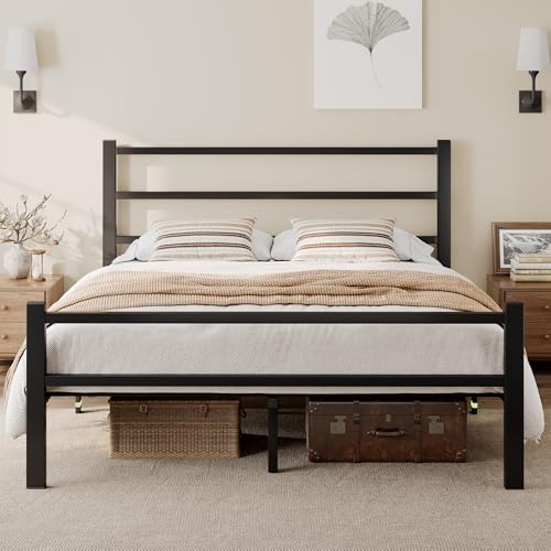 Feonase Metal Double Bed Frame With Stylish Headboard And Footboard,Bed Frame Double Bed,Easy Assembly, Ample Under-Bed Storage Space, Black