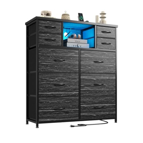 DurayLoly Dresser for Bedroom with 10 Fabric Drawers, Organizer Unit with LED Light & Charging Station, Sturdy Chest of Drawers with 2 Open Wooden Shelves for Hallway, Living Room, Dormitory (Black)