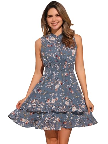 Allegra K Women's Floral Chiffon Dresses Smocked Mini Sleeveless A-Line  Dress X-Small Blue Gray at Amazon Women's Clothing store