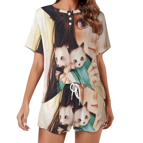 Pyjama court femme chat en coton léger pour l'été