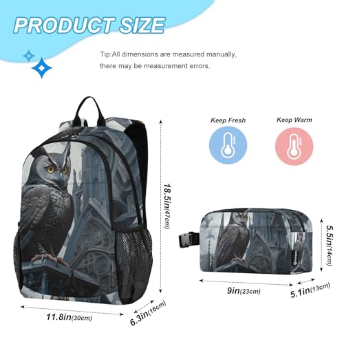 Backpack Lunch Bag Set for Travel Hiking Picnic, Gothic Owl Print Backpacks with Insulated Lunch Box2