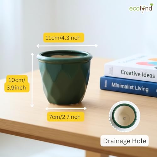Image of ecofynd 4 Inch Ceramic Plant Pots with Drainage Hole, Modern Decorative Clay Flower Pots for Indoor Plants, Home Garden Decor for Living Room, Bedroom & Interior Spaces (CPOT043-DGN)