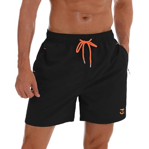 JustSun Bañador Hombre Bañadores Surferos Bañador Corto Hombre Natacion Traje de Baño Secado Rápido Impermeable con Bolsillo Cremallera Negro M