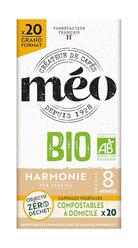 Cafés Méo - Capsule Café Bio Harmonie Pur Arabica - 100 Capsules - Compatible avec Nespresso - Intensité 8/10 - Arômes Authentiques, Gourmand et Envoûtant - Agriculture Biologique - Lot de 5x20