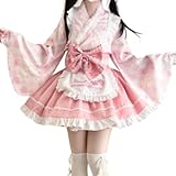 [Ｕｃｃｅｌｌｉｎｏ] 和風 メイド服 萌え袖 ロリータ 和服 着物 エプロン リボン ハロウィン コスプレ ゴシック いちご (ピンク, M)