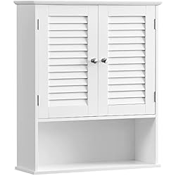 Persianas Modernas Para Cuartos VASAGLE Armario de Pared para Baño, Armario Colgante, Armario de Almacenamiento con Estante Ajustable, Puertas de Doble Persiana y Estante Abierto, 20 x 60 x 70 cm, Blanco BBC27WT