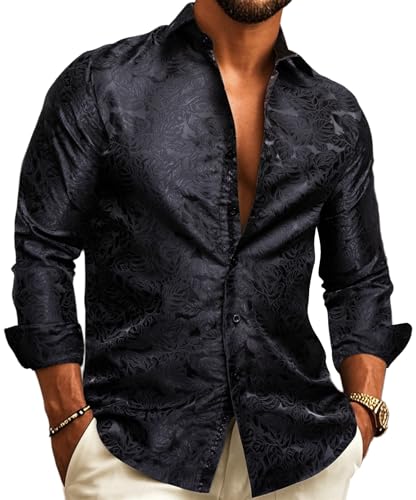 Barry.Wang Camisas de vestir de lujo de seda con estampado de cachemira para hombre, grandes y altas, manga larga, camisas para negocios, bodas, fiestas, rojo, negro, S-3XL, Flores negras, 3XL