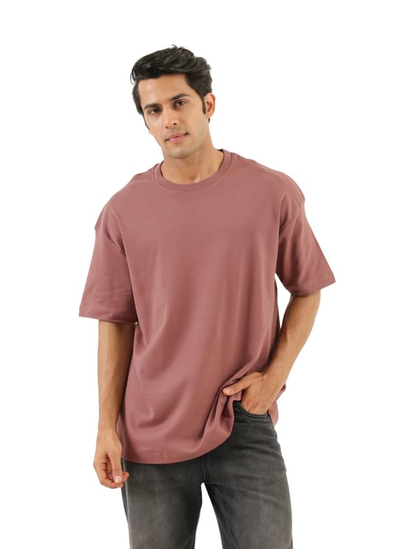 Image of SAADAA Men's Oversized Cotton T-Shirt | 210 GSM Heavyweight Fabric | Drop Shoulder | Dual Knit | Comfortable Casual Wear | Solid Colors