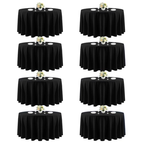 CKIKU 90 Inch Black Round Tablecloths for 36"-72" Table, 8 Pack