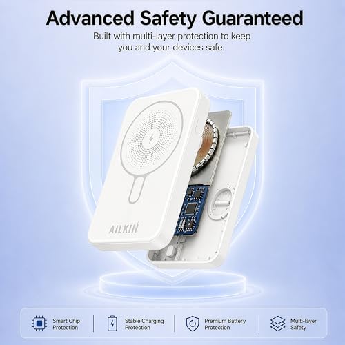 Image of AILKIN 10000mAh Magnetic Wireless Power Bank, MagSafe Compatible Portable Charger, Fast Charging Mini Power Bank for iPhone 16 /15 /14 /13 Series & Android USB-C Devices- White