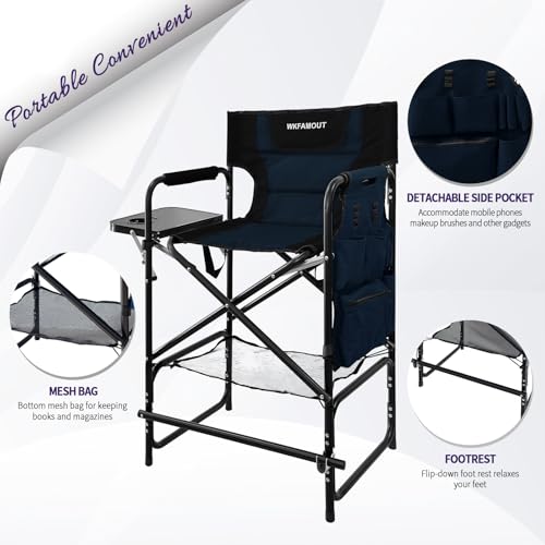 WKFAMOUT Tall Folding Directors Chair with Side Table 30.71\" Seat Height Foldable Camping Chair Bar Stool for Makeup Artist Face Painting with Footrest and Storage Pocket Supports 350LBS