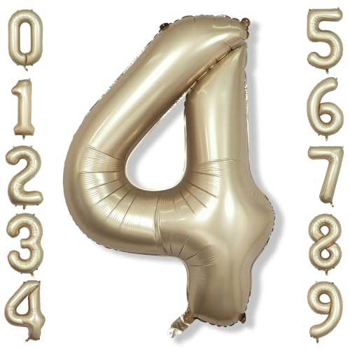 Image of Metallic Gold Number 4 Balloons, 40 In Large Champagne Number 4 Mylar Foil Helium Balloons for Girls, Self Inflating Light Gold Number Four Balloon for Boys 4th Birthday Anniversary Party Decoration