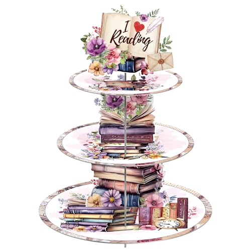 Book Themed Party Decorations Cupcake Stand, 3 Tier Watercolor Floral Book Stack Cardboard Cupcake...