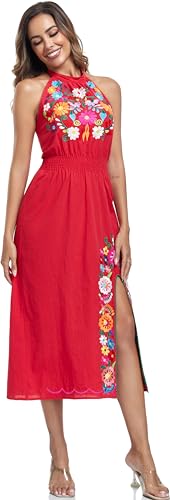 Image of Womens Mexican Floral Embroidered Halter Maxi Dress Side Slit Boho Dress