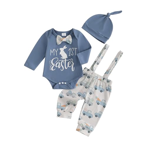 Amnnchya My First Easter Baby Boy Outfit Gentleman Rabbit Romper Shirt Tops Bunny Overalls Pants Newborn Hat 3pcs Set (Blue 12-18 Months)
