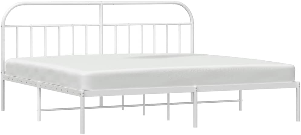 White Powder-Coated Steel Bed Frame with Headboard 76 x 80 in Platform Foundation for Bedroom, Durable Sturdy Nonslip Industrial Minimalist Furniture with Storage