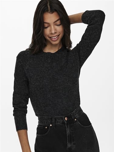 ONLY Damen Basic Strickpullover | Einfarbiger Knitted Stretch Sweater | Langarm Rundhals Shirt ONLRICA, Farben:Schwarz, Größe:36