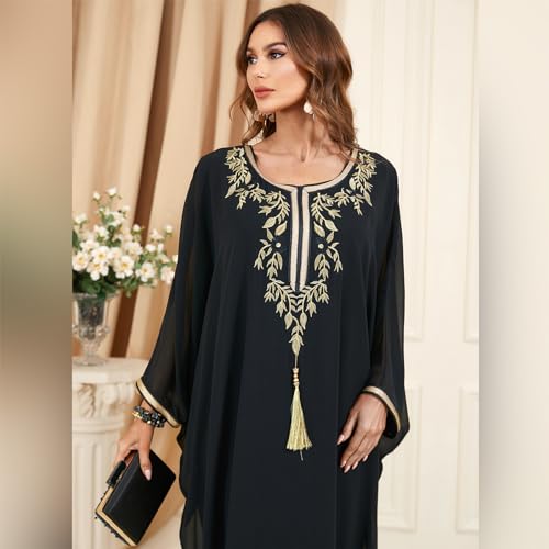 Image of OBEEII Muslim Dress for Women Loose Batwing Sleeved Hooded Beaded Embroidery Long Abaya Dress Kaftan Abayas Islamic Robe
