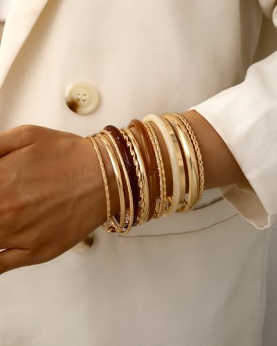 Image of IF ME Gold Bangle Bracelets for Women, Indian Bangles Stackable Set, Multi Layer Textured 18K Gold Plated Chunky Bracelets Boho Jewelrys Set