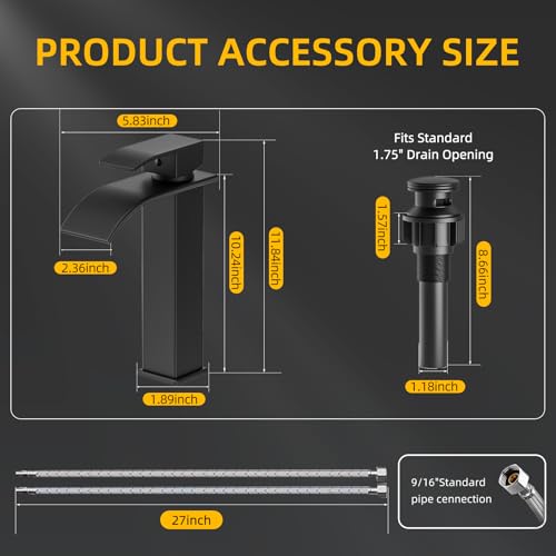 Image of Rywuanku Matte Black Bathroom Faucet Waterfall Spout, Single Handle Sink Faucet with Pop-up Drain & Deck Plate, Modern 1 Hole Vanity Faucet for Vessel Sink