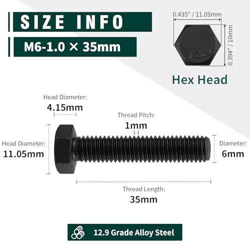 Image of M6-1.0 x 35mm Hex Bolts, 12.9 Grade Alloy Steel, Black Oxide Finish, Full Thread, Coarse Thread UNC, Hexagon Head Bolts 25 PCS