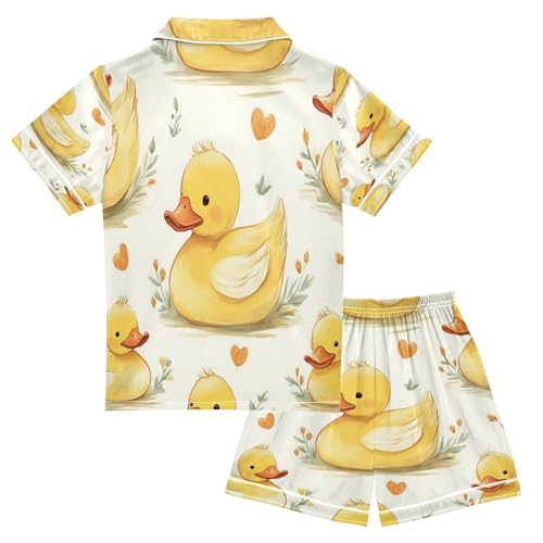 Satin Pajama Sets Short Sleeve Cute Yellow Duck Pattern Button Down Silky Nightwear 2 Piece PJS 5-14Y2