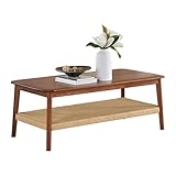 Alaterre Furniture Calais 48 Inch Rectangular Solid Wood Coffee Table with Woven Storage Shelf – Mid Century Modern 2-Tier Living Room Table (Chestnut)