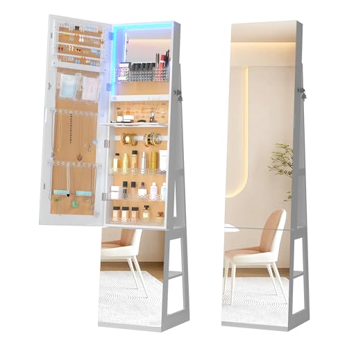 Vlsrka 360° Swivel Jewelry Cabinet with Lights, 63' H Large Capacity Jewelry Armoire with Full...