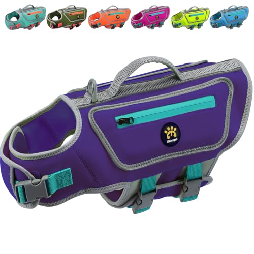 Sheripet Chaleco salvavidas para perros pequeños con alta flotabilidad, chaleco salvavidas ligero para perros para nadar, chaleco flotante reflectante ajustable, mango de rescate de neopreno para