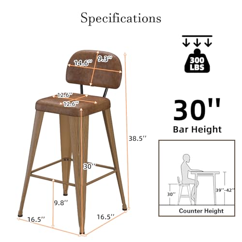 Image of 30 Inch Metal Bar stools Set of 4, Upholstered Counter Height Bar Stools with Removable Back & Metal Legs, Industrial Barstools for Kitchen Island, Cafe (Camel Seat, Wood-Grain Legs)