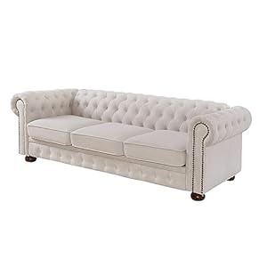 88 inches 3 Seater Chesterfield Sofa with Nails Decoration in Linen Fabric, Comfy Couches for Living Room (Beige)