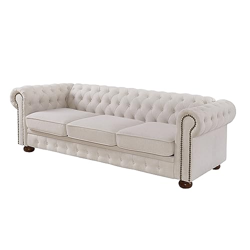 88 inches 3 Seater Chesterfield Sofa with Nails Decoration in Linen Fabric, Comfy Couches for Living Room (Beige)
