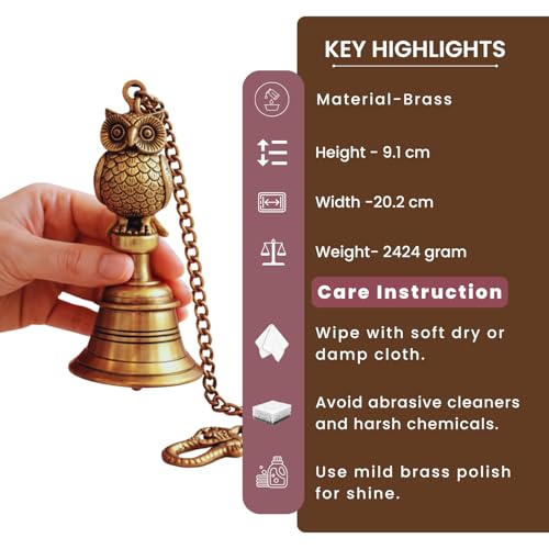 Image of ExclusiveLane 'Royal Owl' Brass Decorative Hanging Bell (100% Pure Brass, Set of 2, 66.2 Cm, 1.21 Kg, Hand-Etched) | Brass Bells for Mandir Hanging Bells for Pooja Room Temple Bells for Mandir