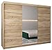 Schwebetürenschrank Verona 2-250cm mit Spiegel Kleiderschrank mit Kleiderstange und Einlegeboden Schlafzimmer- Wohnzimmerschrank Schiebetüren Modern Design (Sonoma)