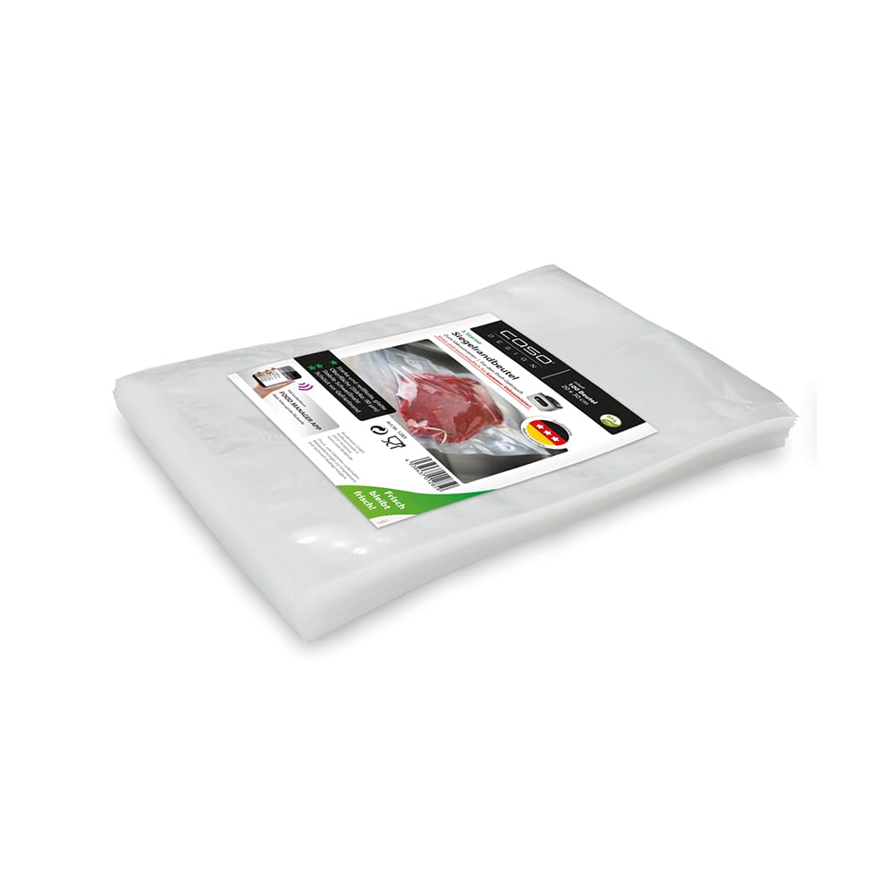 CASO Sachets à bords scellés 20 x 30 cm, 90 mμ, 100 pièces, pour les appareils à cloche, surface lisse, soudure stable, sans BPA, Sous Vide, Made in Germany