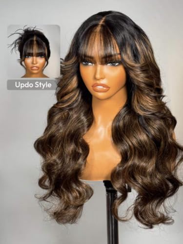 Image of Beauty Forever HD Lace Wear & Go Glueless Human Hair Wig Body Wave, 13x4 Pre Cut Pre Plucked Lace Front Wig with Curtain Bangs, Balayage Highlight, Beginner Friendly 22 inch