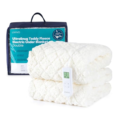 LIVIVO UltraSnug Teddy Fleece Electric Underblanket Double - Dual Control Heated Mattress Topper with 10 Temperature Settings-Timer, Easy Fit Straps - Machine Washable (Double)