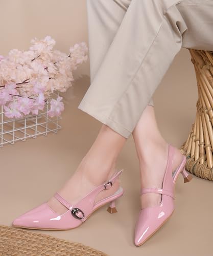 Image of JM LOOKS Women Pointed Toe Slingback Kitten Heels Fashion Buckle Strap Elegant Dress Pumps Shoes