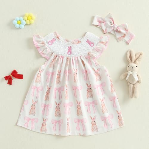 Rtnnsbbfcm Toddler Baby Girl Easter Outfit Fly Sleeve Bunny Embroidery Smocked A-line Dress with Headband (Beige, 2-3 Years)