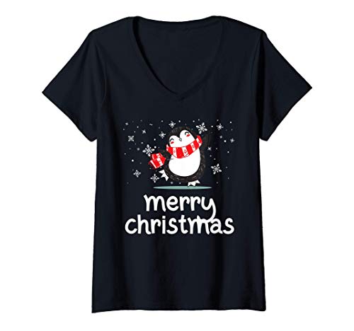 Mujer Funny Merry Christmas. Funny Penguin. Christmas Camiseta Cuello V