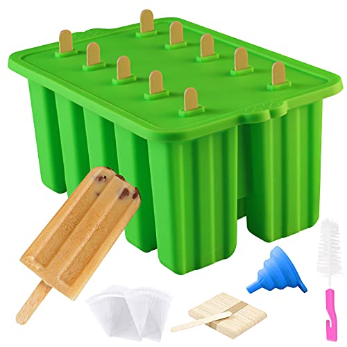 Popsicle Molds,Popsicle Mold,Reusable Silicone Popsicle Molds Ice Pop Molds,Ice Cream Mold BPA Free for Kids with Popsicle Sticks,Popsicle Bags, and Funnel (Green)
