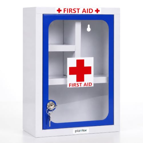 Plantex First Aid Box/Emergency Medicine Storage Box/First Aid Kit Box/Medical Box for Home, School & Office/Lockable with Multi Compartment - (Blue & White) – Big Size Wall Mount – Metal
