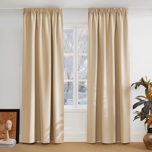PONY DANCE Wohnzimmer Blickdichte Gardinen mit Kräuselband 2er Set | H220 x B140 cm, Biscotti Beige, für Schienensystem, Thermovorhang Kälteschutz, für Schlafzimmer, Verdunklungsga