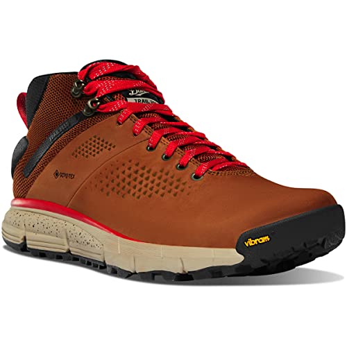 Danner Trail 2650 Gore-Tex Mid 4' Waterproof Hiking Shoes for Men - Suede and Textile Upper with Comfort Footbed, EXO Heel System & Traction Outsole, Brown/Red - 11.5 D
