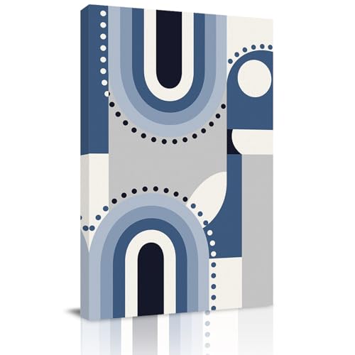Abstract Geometric Mid Century Half Circle Canvas Wall Art for Living Room Canvas Prints Paintings 8x10inch, Blue Gradient Stripes Artwork for Bedroom Bathroom Wall Art Stretched and Framed