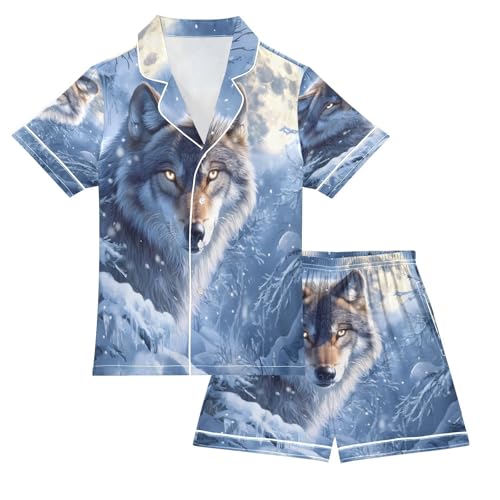 ALAZA Wolf Moon Snow Satin Pajamas Set Short Sleeve Button Down Sleepwear Summer Pjs 2 Piece