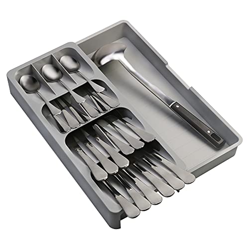 KAKUNM Kitchen Drawer Organizer Expandable Adjustable Utensils Silverware Tray for Drawer, Spoon Knife and Fork Partition Storage,Large, Gray